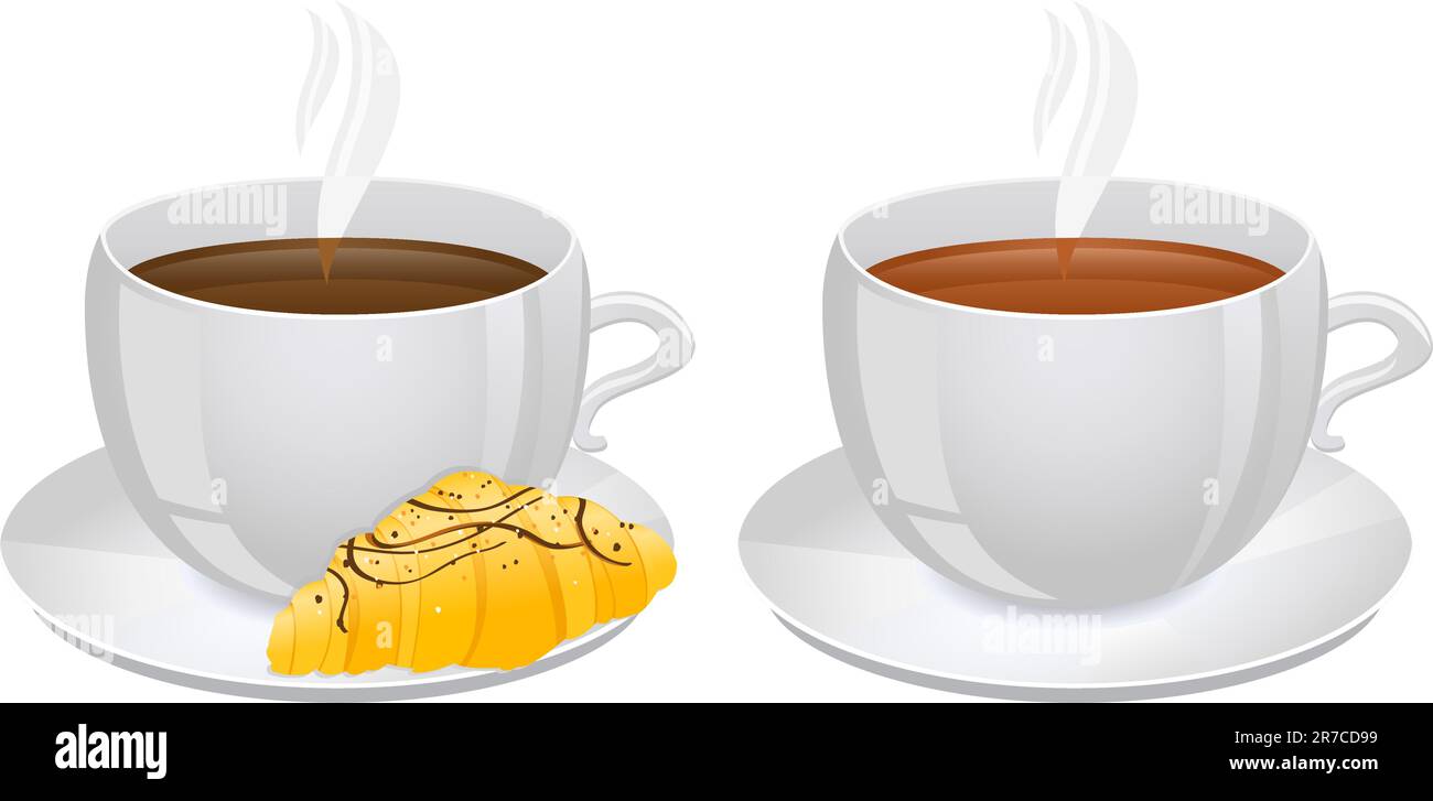 Tassen Kaffee und Tee mit Croissant. Vektordarstellung isoliert auf weißem Hintergrund Stock Vektor