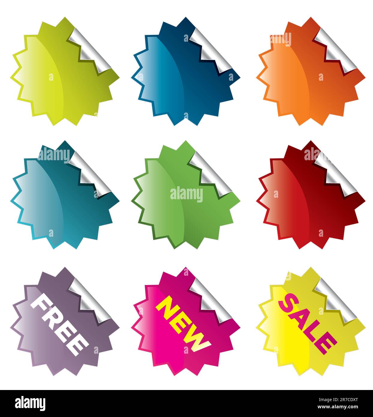 Vektorabbildung mit farbenfrohen, stylischen, glänzenden, sternförmigen Aufklebern für den Einzelhandel und andere Zwecke: Kostenlose, neue, verkaufte und leere Aufkleber für Ihren Text Stock Vektor