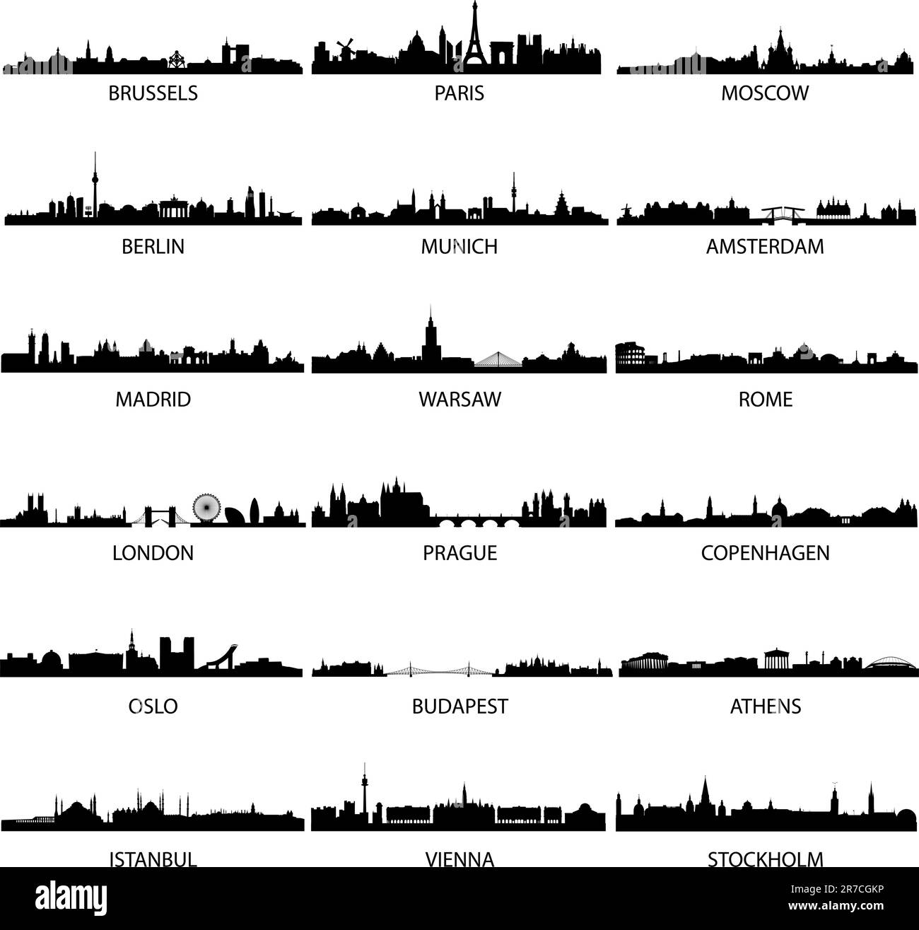 Detaillierte Illustrationen verschiedener europäischer Städte Stock Vektor