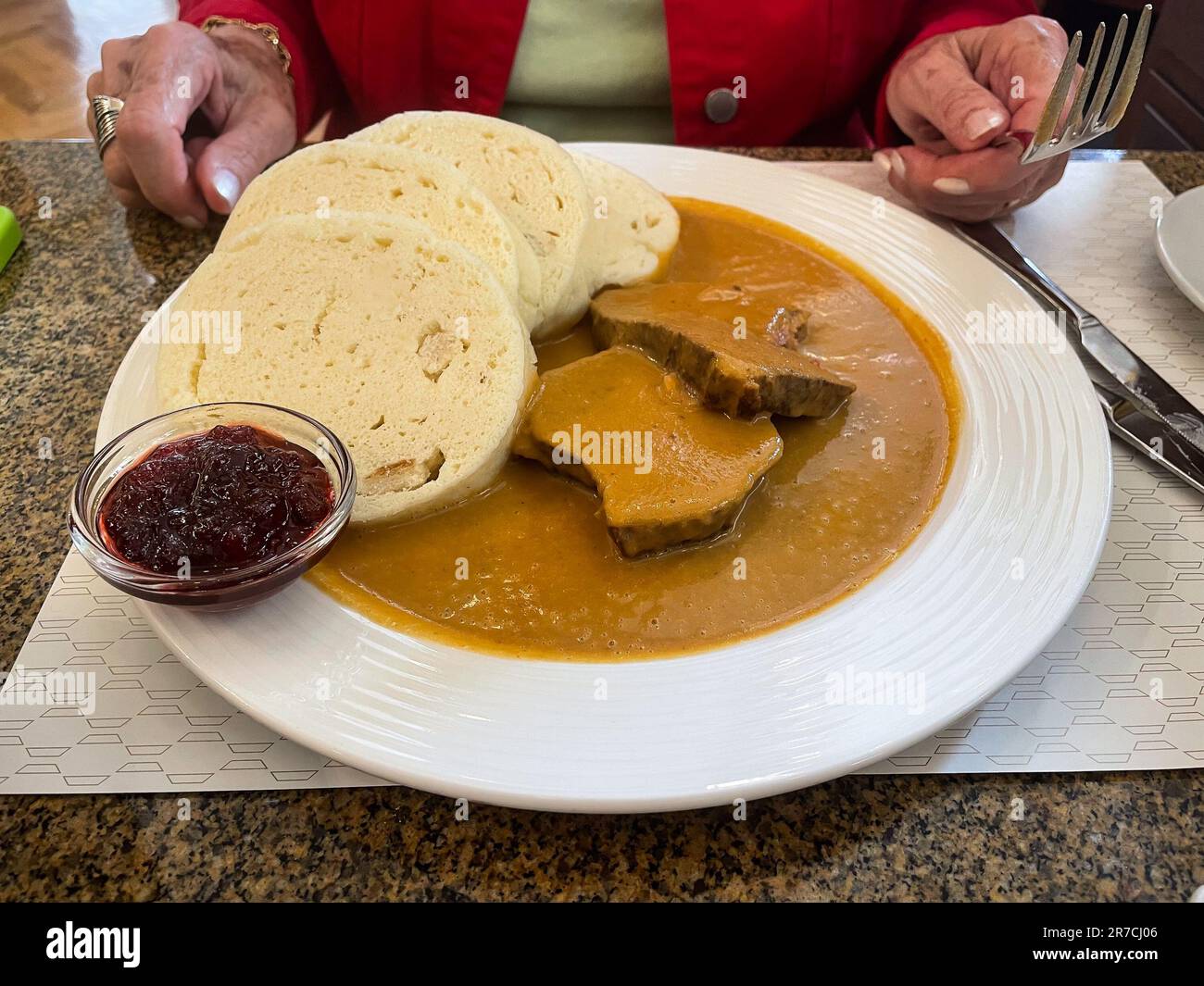 Prag, Böhmen - CZ – 2. Juni 2023 Verkostung eines Tellers geschmortes Rindfleisch mit cremiger Sauce, Brotknödeln und Cranberries ein tschechisches Special im Café im Stockfoto