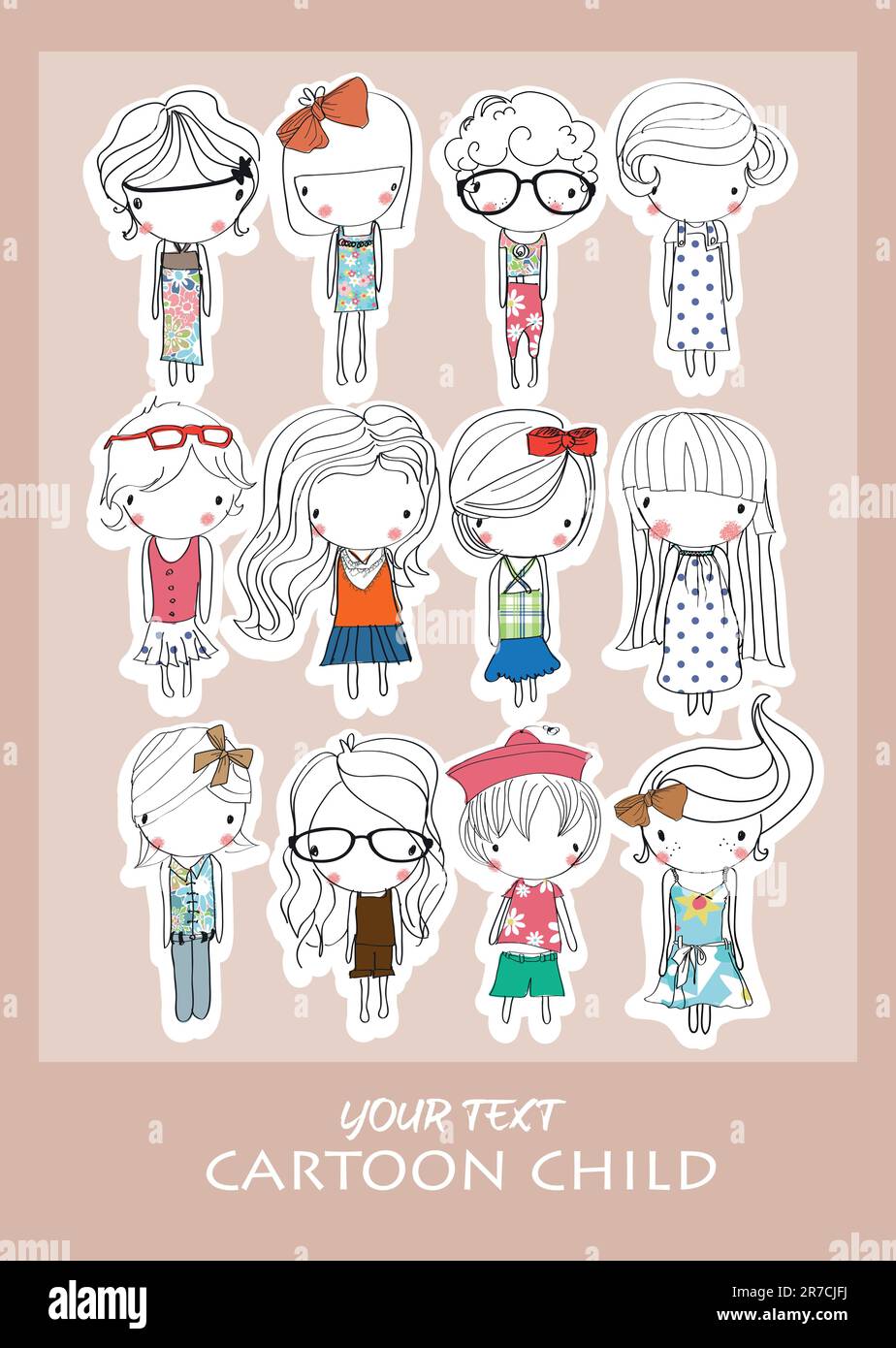 Zeichentrickfilm niedliches Kinderspielset Zeichnungsvektor Stock Vektor