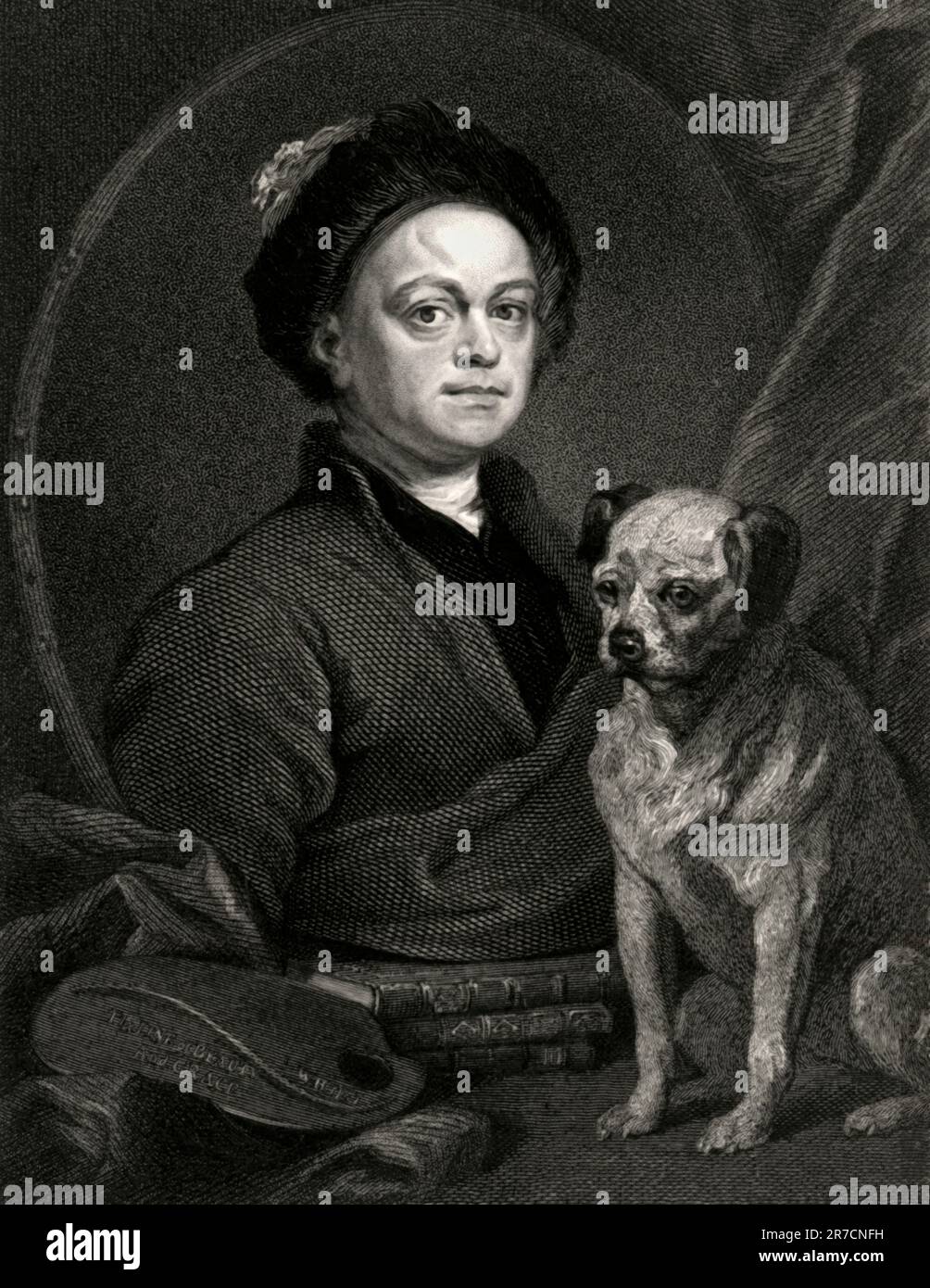 England, 1745 eine Gravur aus einem Selbstportait des englischen Maler und Sozialkritikers William Hogarth und seines Pug. Stockfoto