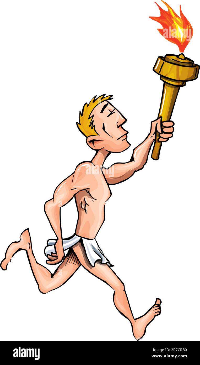 Cartoon-olympischer Athlet mit olympischer Flamme. Isoliert auf weiß Stock Vektor