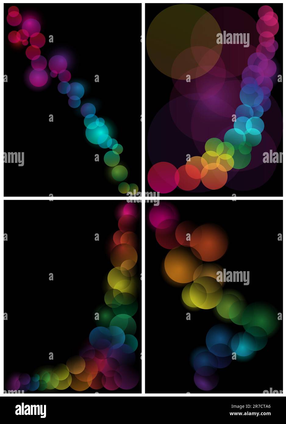 Set abstrakter Hintergründe - mehrfarbige Blasen auf schwarzem Hintergrund Stock Vektor