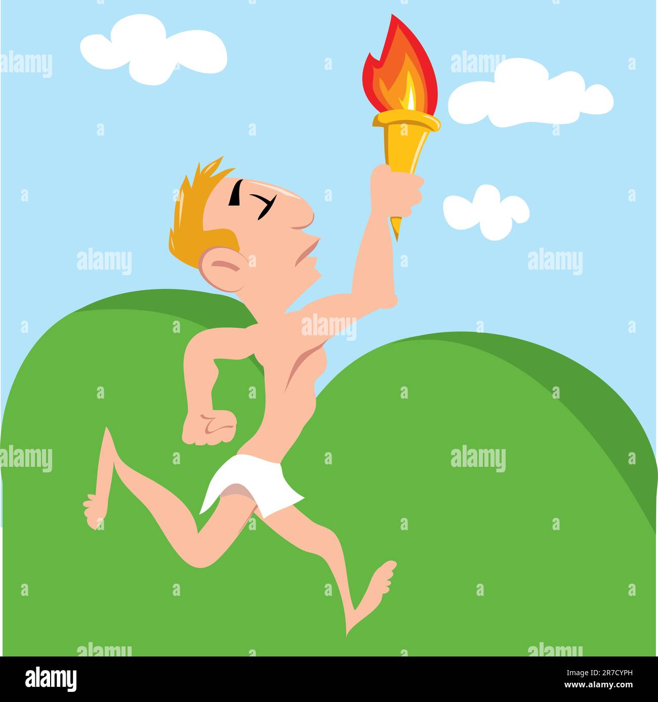 Cartoon-olympischer Athlet mit olympischer Flamme. Landschaft dahinter Stock Vektor