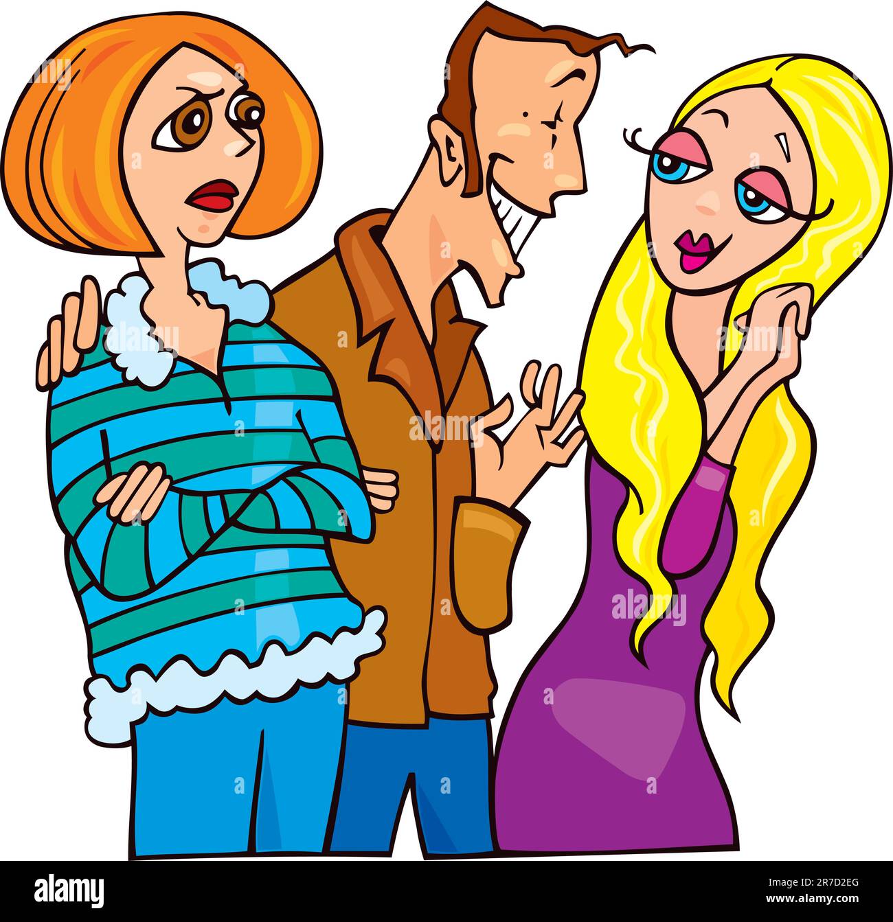 Cartoon-Illustration der Mann im Gespräch mit niedlichen blonden Mädchen und seine eifersüchtige Ehefrau Stock Vektor