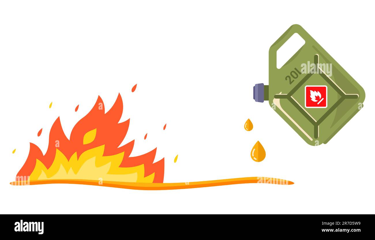 Gießen Sie Benzin aus einem Kanister auf das Feuer. Abbildung eines flachen Vektors. Stock Vektor