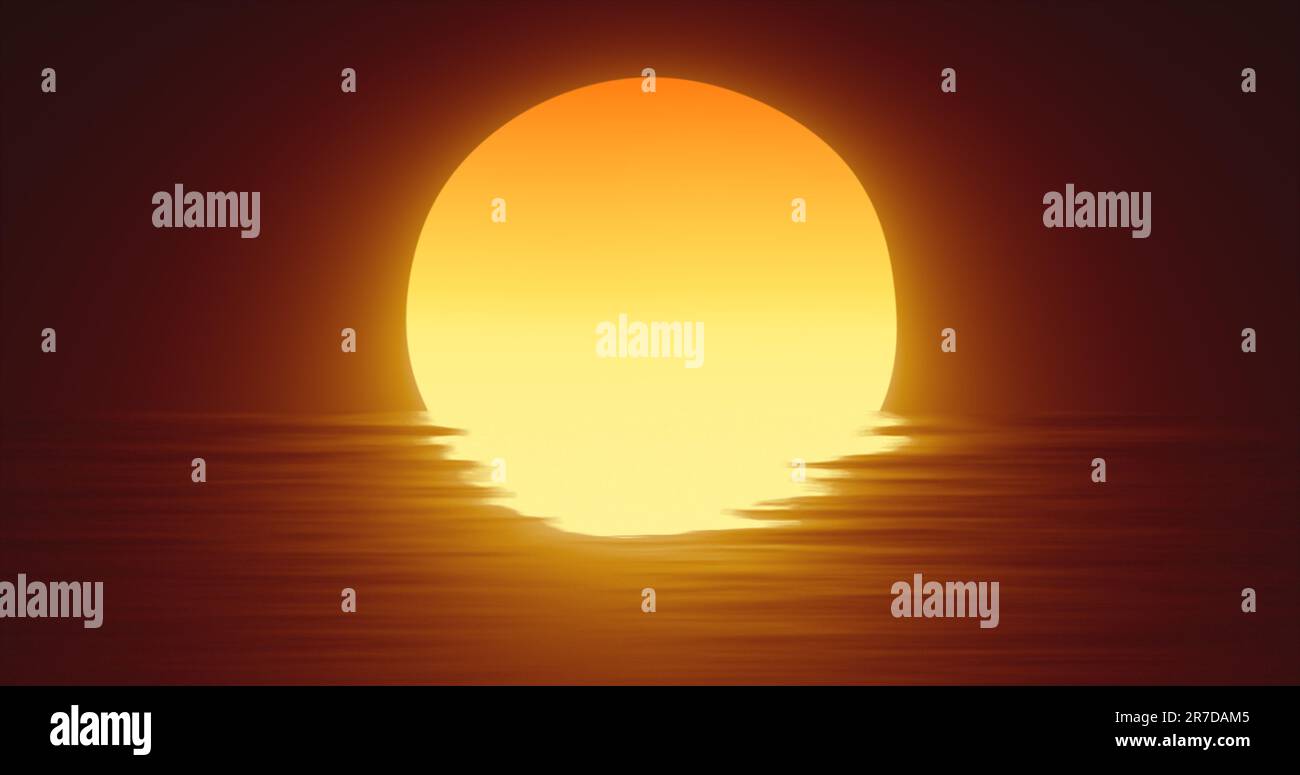 Abstrakte orangefarbene Sonne über Wasser und Horizont mit reflektierendem Hintergrund. Stockfoto