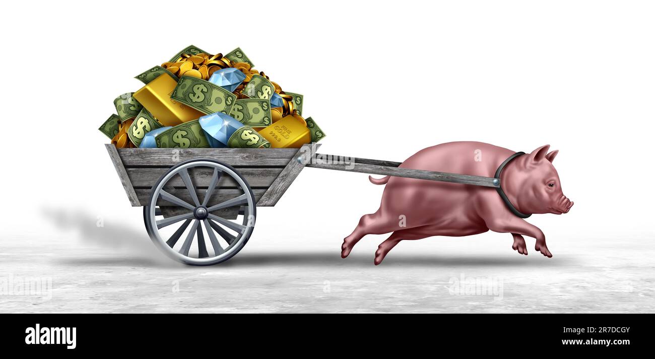 Finanzielle Gier und Inflation oder Glattflation als selbstsüchtiges hungriges Schwein als gieriges Geschäftssymbol, das Geld und Profite oder Schweinefleisch hortet Stockfoto