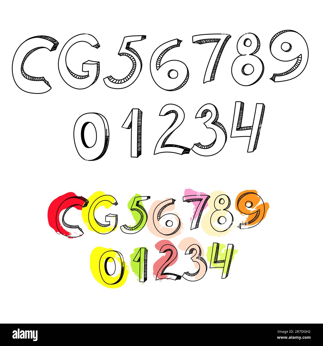 Buchstaben C, G und Zahlen 1, 2, 3, 4, 5, 6, 7, 8, 9 Stock Vektor