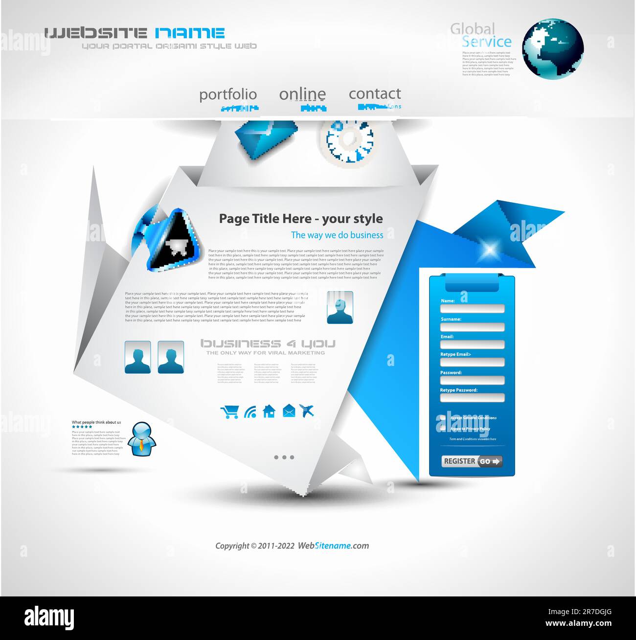 Origami Website - elegantes Design für Geschäftspräsentationen. Vorlage mit vielen Designelementen. Jeder Schatten ist transparent Stock Vektor