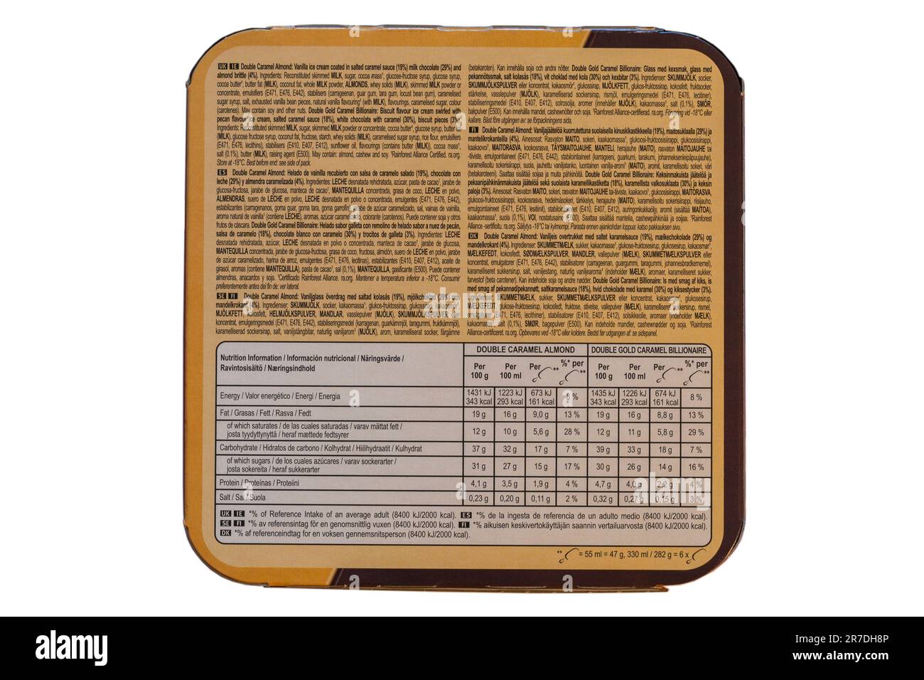 Nährwertangaben und Inhaltsstoffe in vielen Sprachen auf der Schachtel Magnum Mini doppelt Karamell Mandel Gold Karamell Milliardäreis Stockfoto