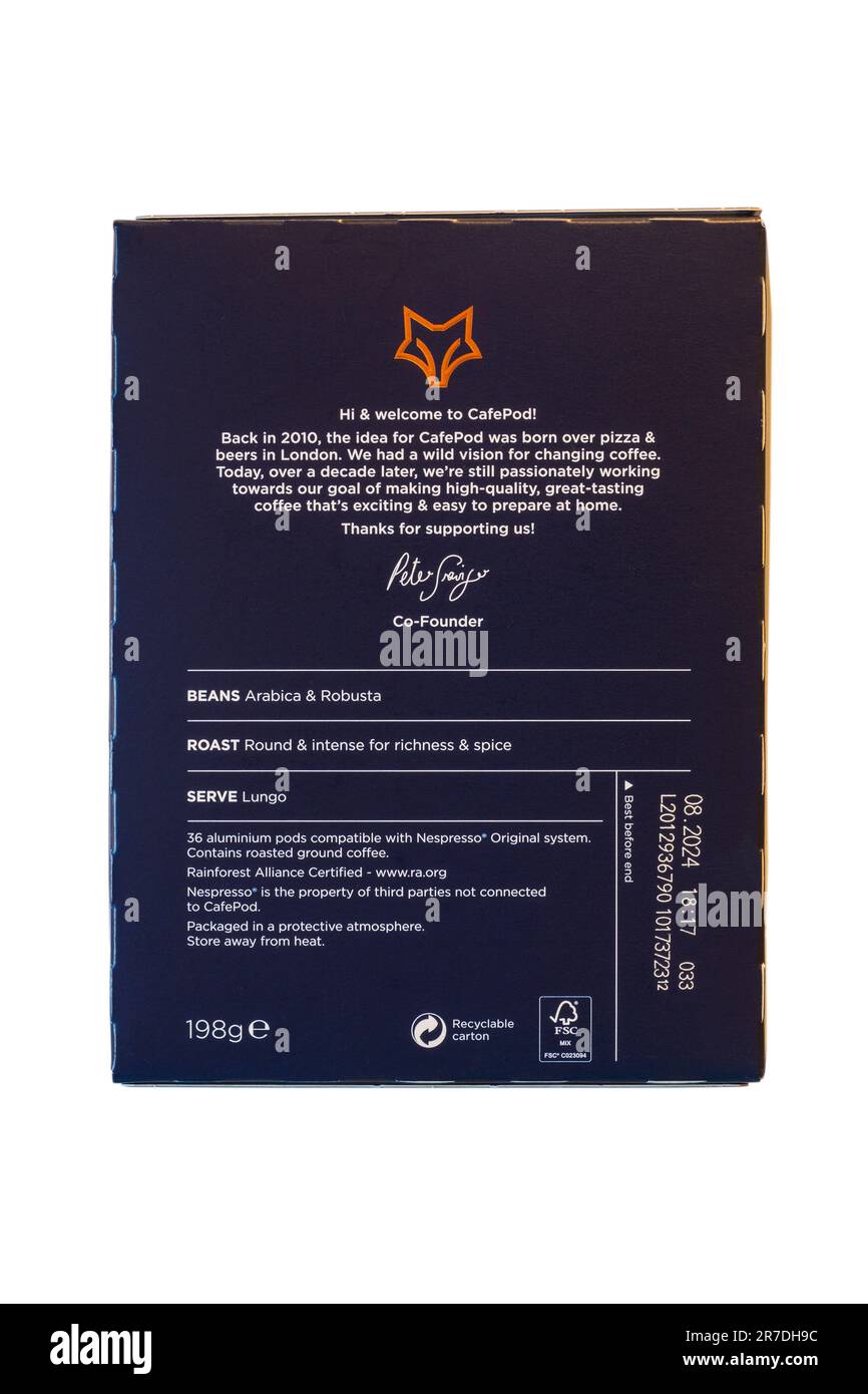 Informationen auf der Packung Cafepod Kaffeeintensität 9 g, isoliert auf weißem Hintergrund – arabica-Bohnen und Robusta Stockfoto