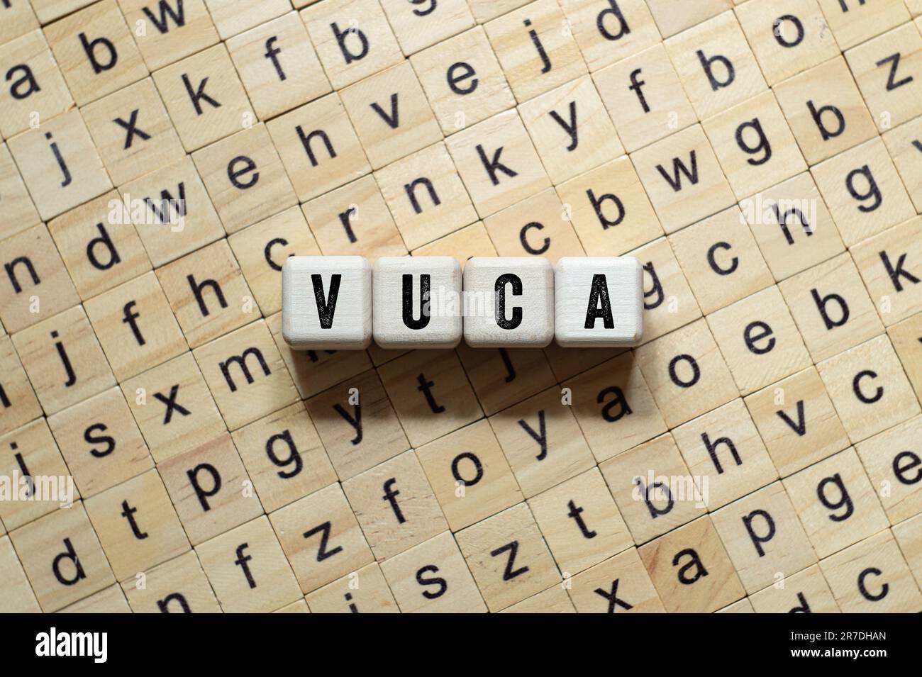 VUCA - Wortkonzept auf Bausteinen, Text, Buchstaben Stockfoto