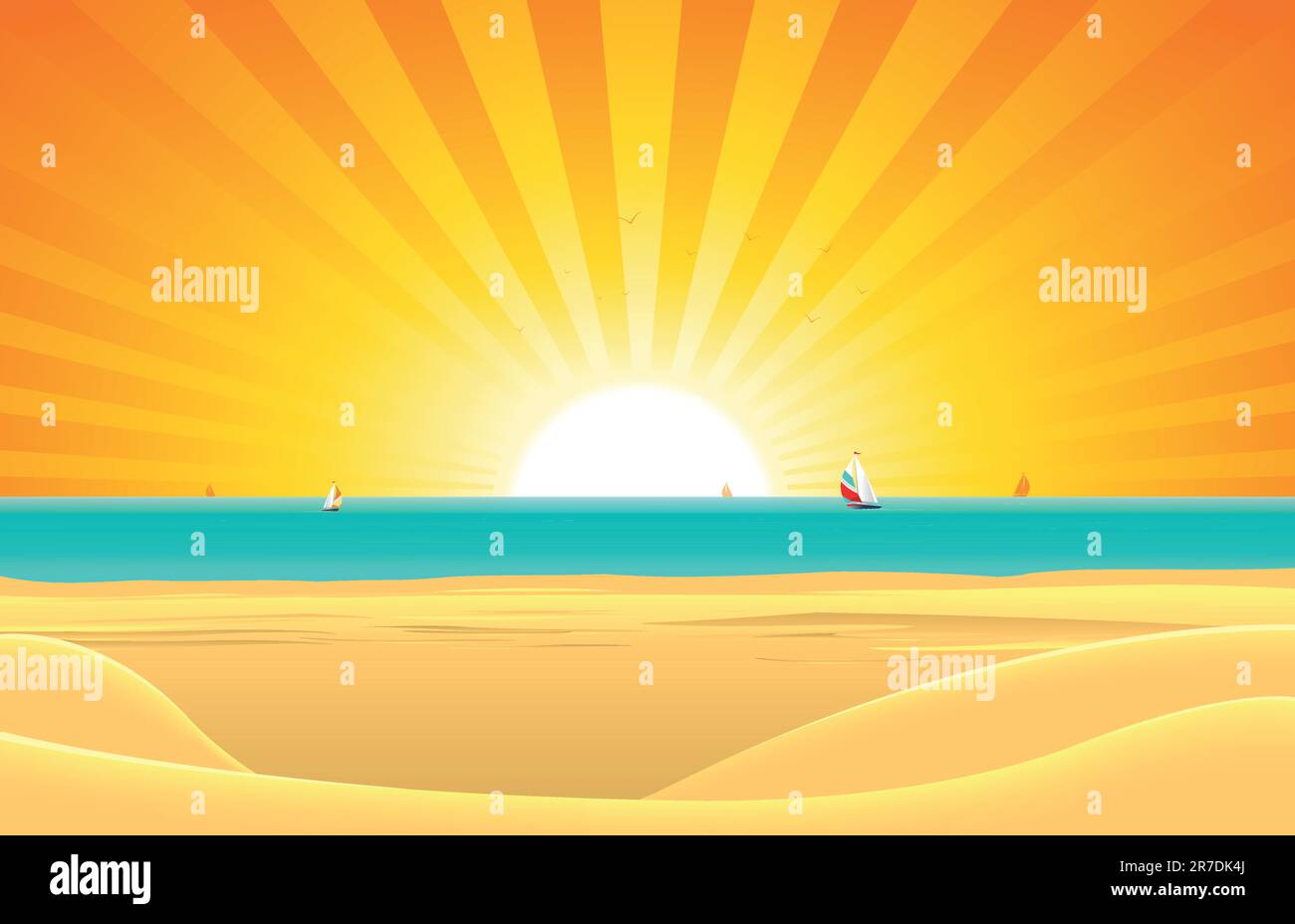 Abbildung eines Sommer Sonnenstrand Plakat Hintergrund, Horizont über Wasser und Segelboote Stock Vektor
