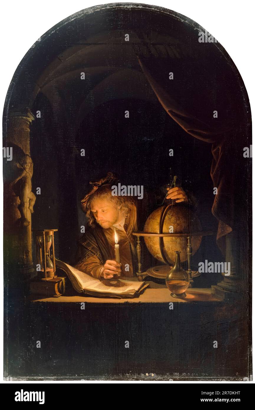Gerrit Dou, Astronom von Candlelight, Ölgemälde auf Platte, 1650-1659 Stockfoto