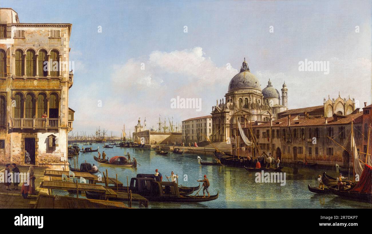 Bernardo Bellotto, Blick auf den Canal Grande, Santa Maria della Salute und Dogana vom Campo Santa Maria Zobenigo, Landschaftsmalerei in Öl auf Leinwand, ca. 1743 Stockfoto
