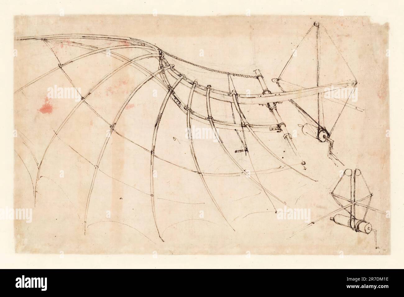 Leonardo da Vinci-Zeichnung, mechanischer Flügel aktiviert durch Winde, künstliches Flugdesign, Stift und Tinte, 1478-1480 Stockfoto