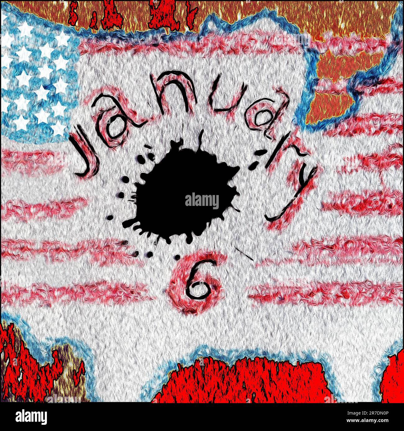 Blot und Text Januar 6. Capitol-Invasionskonzept. Washington, 6. Januar 2021. Abstrakter Hintergrund mit Spot. Stockfoto