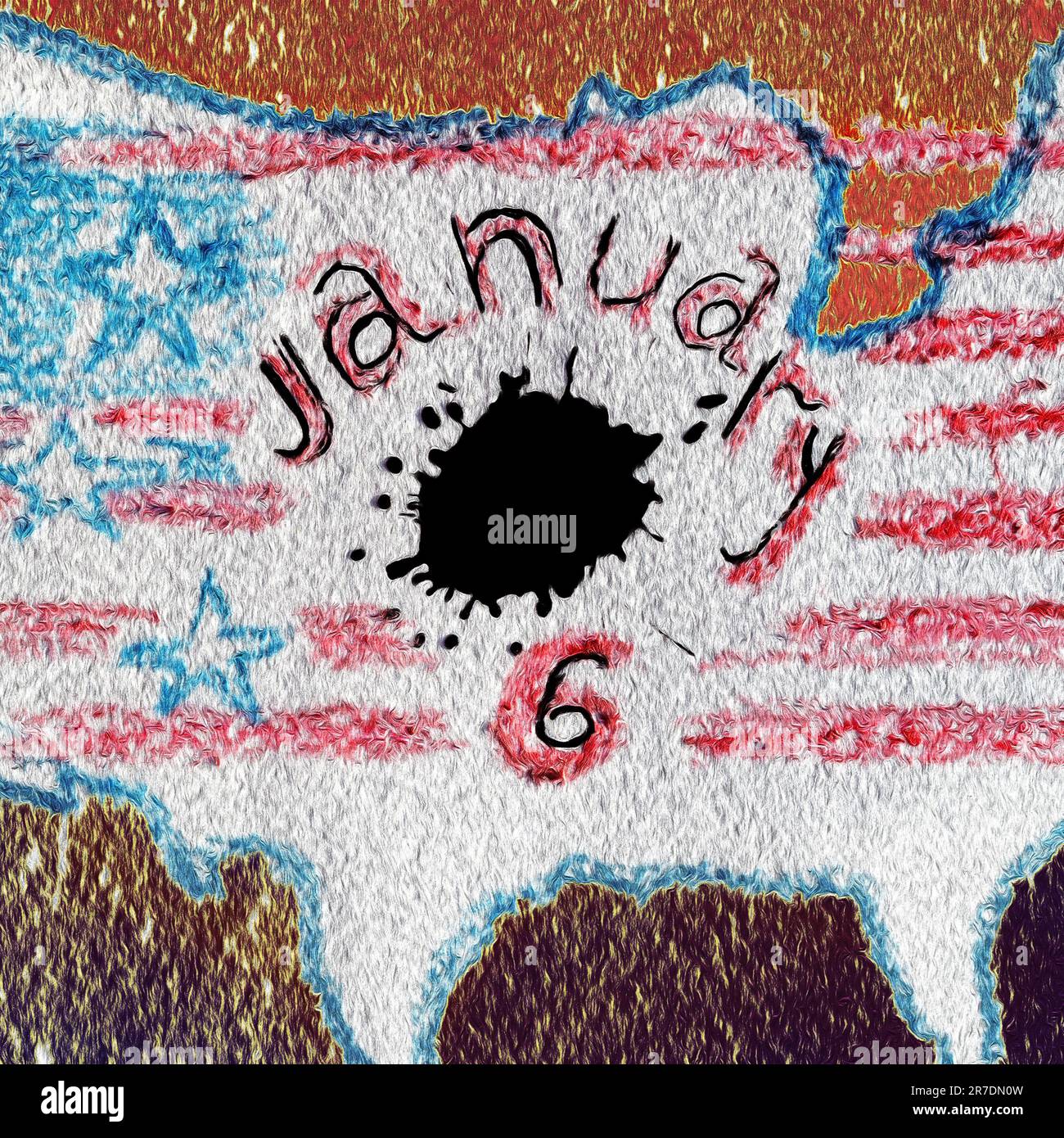 Blot und Text Januar 6. Capitol-Invasionskonzept. Washington, 6. Januar 2021. Abstrakter Hintergrund mit Spot. Stockfoto