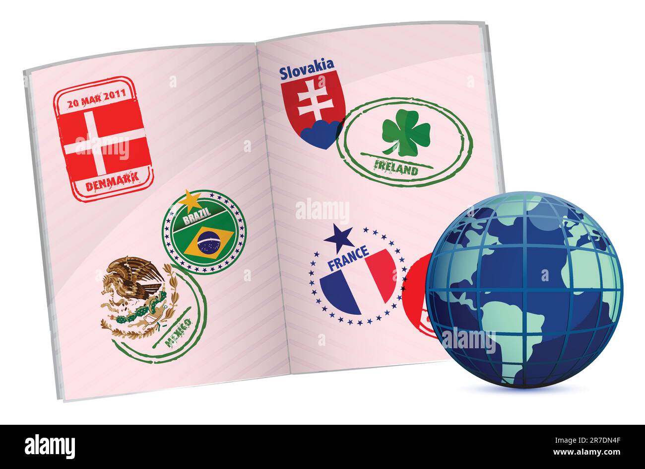 Globus und Reisepass Illustration Design mit rund um die Welt-Briefmarken Stock Vektor