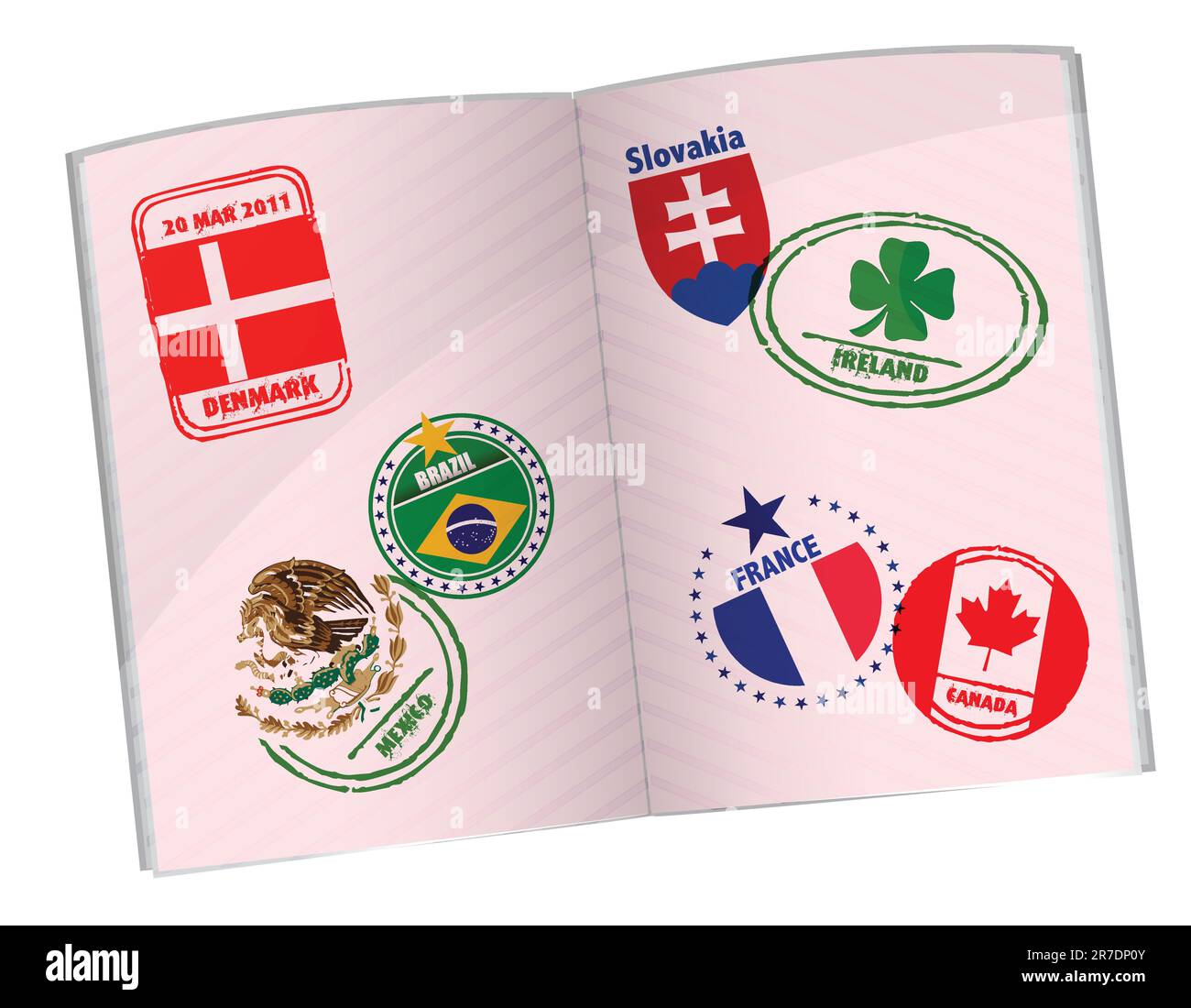 Pass Illustration Design mit rund um die Welt Briefmarken Stock Vektor