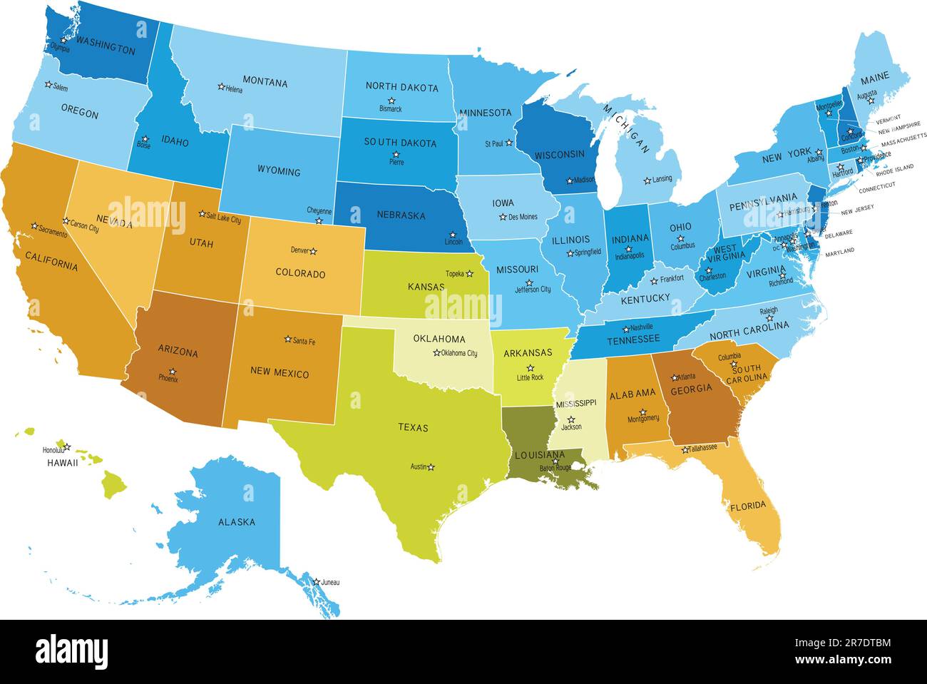 Karte der US-Bundesstaaten mit Namen der Städte. Die EPS-Datei enthält separate Ebenen mit Status- und Statusnamen, Begrenzungen und Ebenen mit Landkreisen. Quelle zuordnen... Stock Vektor
