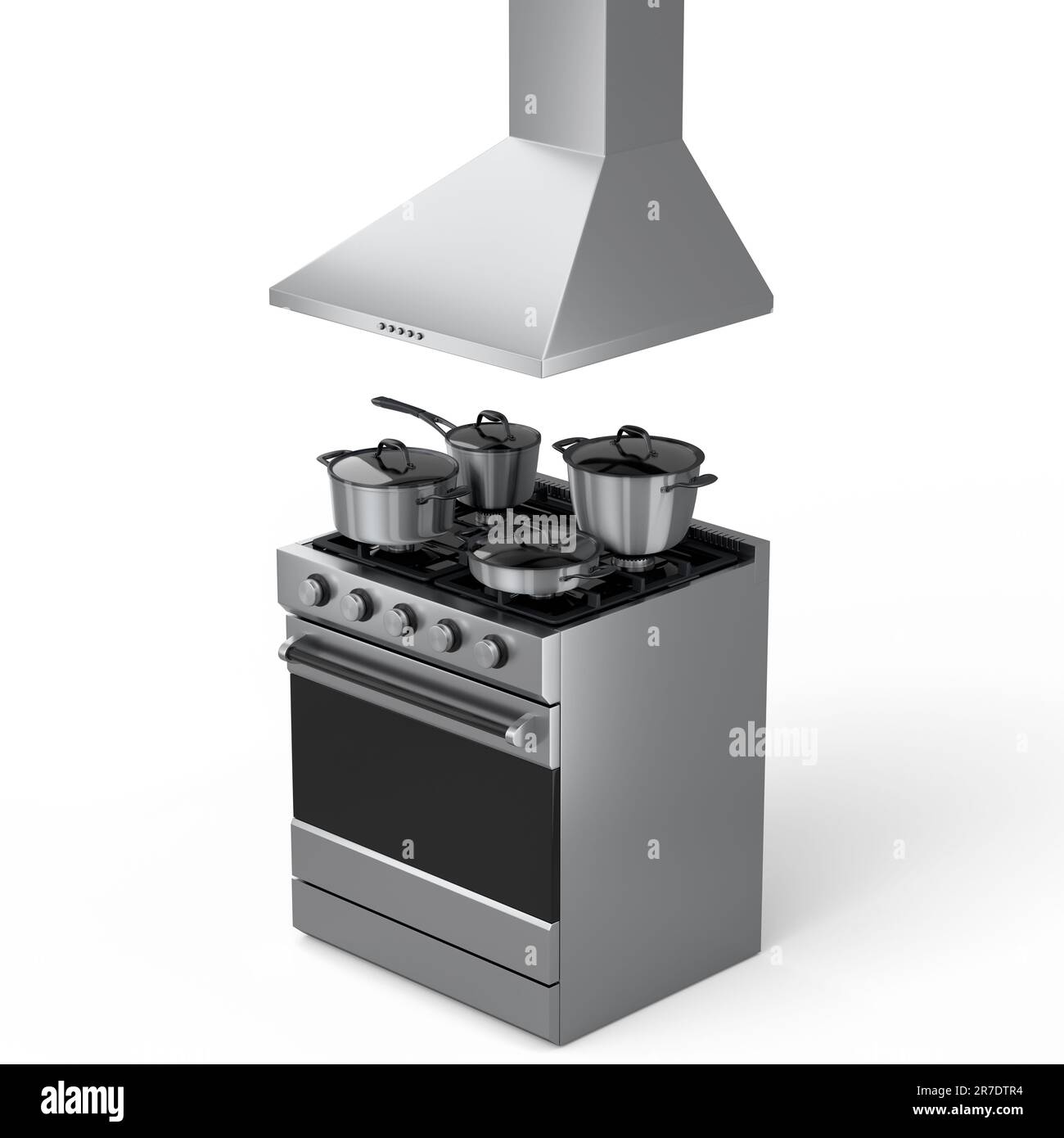 Set aus Küchenutensilien, Stewpot, Bratpfanne und Chrom-Kochgeschirr, das auf Regalen hängt, sowie Elektro- oder Gasherd mit Dunstabzugshaube auf weißem Hintergrund. Stockfoto