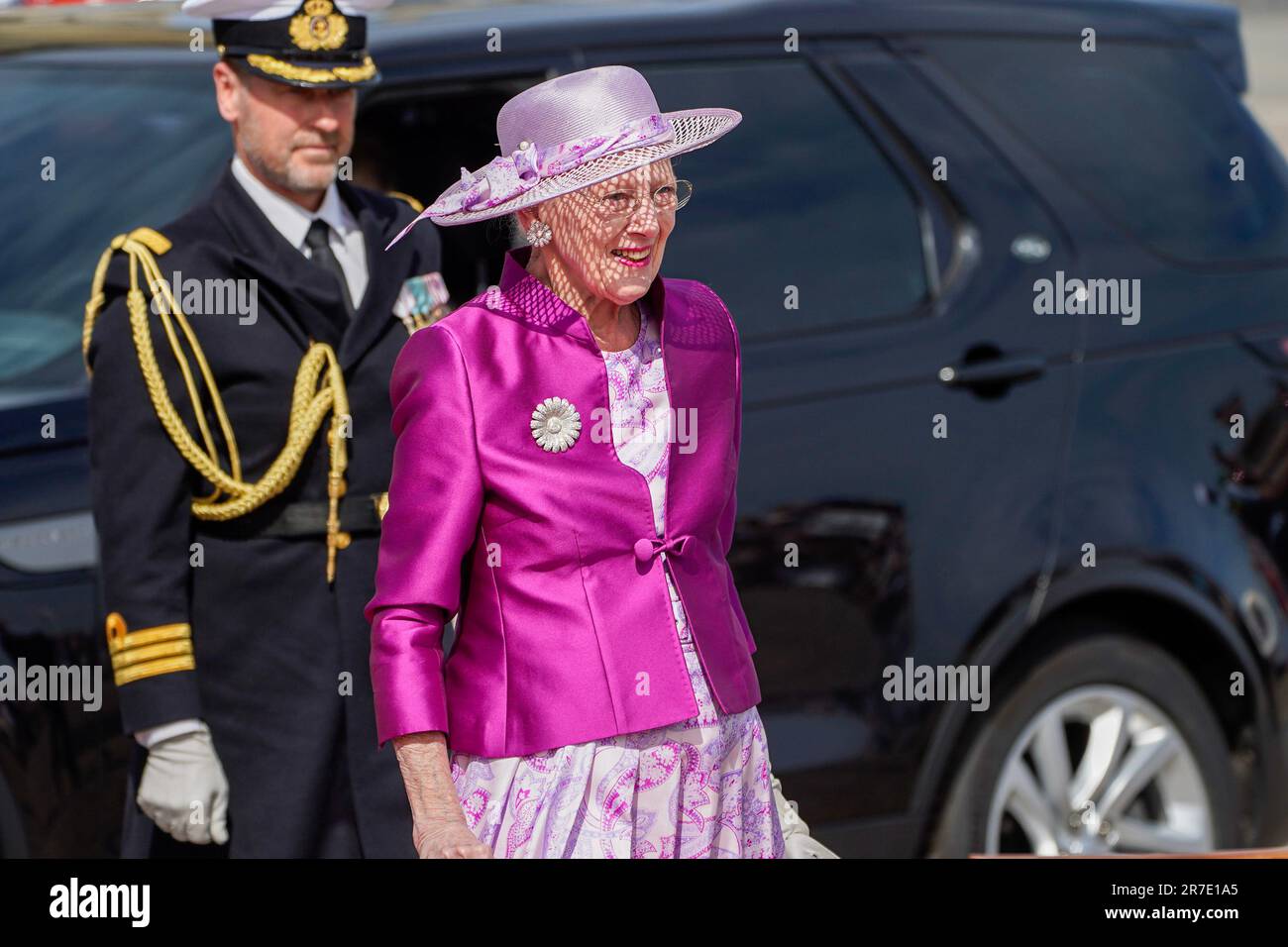 Kopenhagen, Dänemark 20230615. Königin Margrethe von Dänemark auf dem Weg, um das norwegische königliche Paar am Pier im Zusammenhang mit dem offiziellen Besuch in Dänemark am 15. Und 16. Juni zu empfangen. Foto: Lise Aaserud/NTB Stockfoto