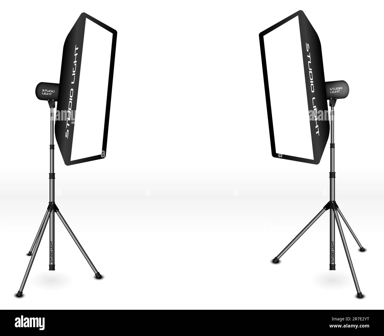 Fotografische Beleuchtung - zwei professionelle Studioleuchten mit Soft-Boxen auf Stativen auf weißem Hintergrund Stock Vektor