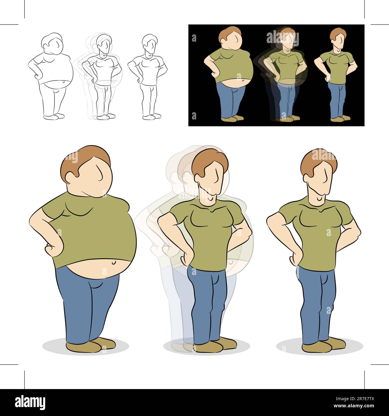 Ein Bild von einem Mann zu verlieren Gewicht Transformation. Stock Vektor