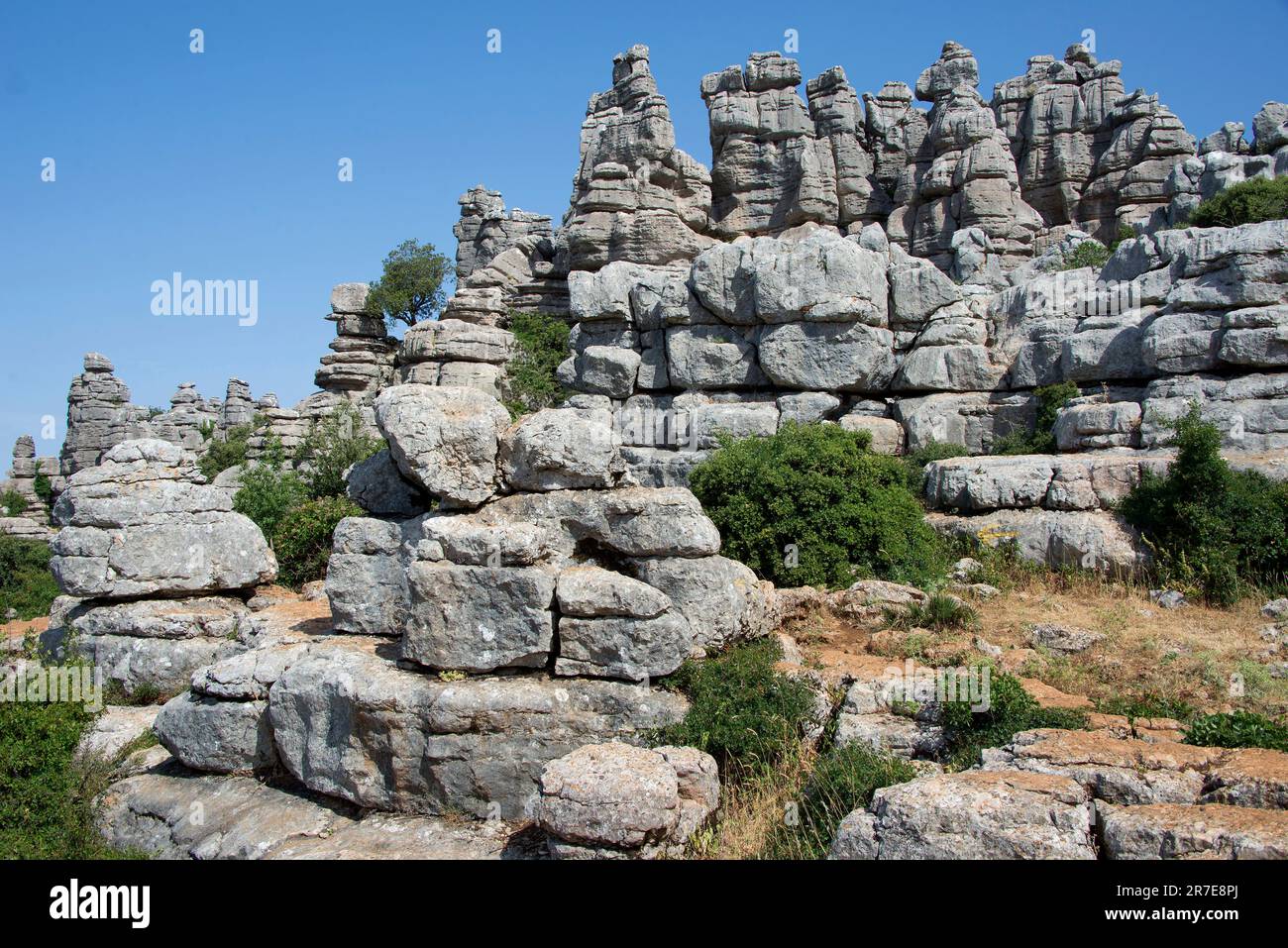 El Torcal de Antequera ist eine landschaftlich reizvolle Karsttopographie, die aus der Auflösung von jurassinischem Kalkstein entstanden ist. Naturpark. Spezielle Zone für Vogelschutz Stockfoto