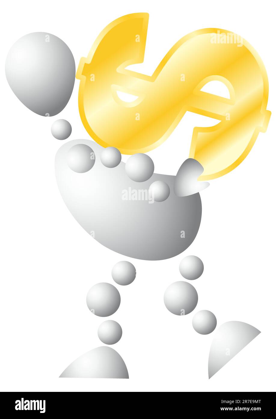 Ein Mann mit einem sehr großen goldenen Symbol für Dollar. Abstrakte 3D-Human-Serie aus Bällen. Variante von Weiß isoliert auf weißem Hintergrund. Eine vollständig bearbeitbare vec... Stock Vektor