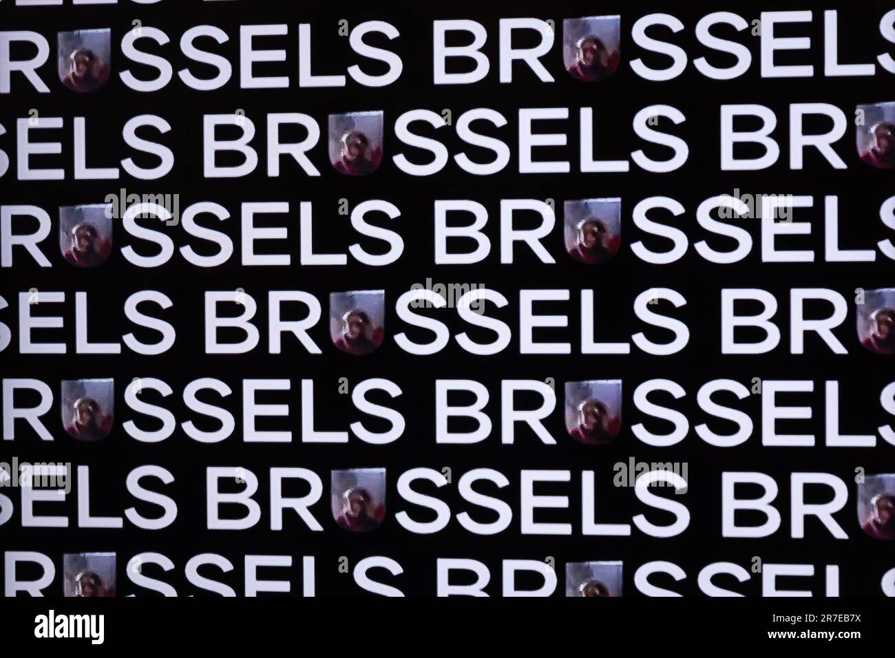 Brüssel, Belgien. 15. Juni 2023. Abbildung zeigt das neue BRÜSSELER Logo, das auf einer Presseveranstaltung zur Einführung der internationalen Marke BRÜSSEL auf dem Brüsseler Stadtgipfel am Donnerstag, den 15. Juni 2023, in Brüssel abgebildet ist. BELGA FOTO JAMES ARTHUR GEKIERE Kredit: Belga News Agency/Alamy Live News Stockfoto