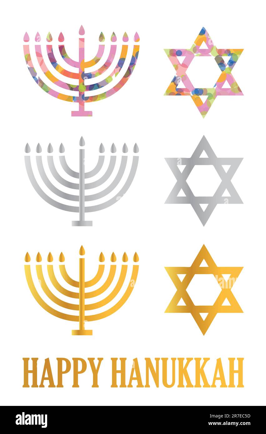 Traditionelle Hanukkah Menorah und Davids Sterne auf einem weißen Hintergrund isoliert Stock Vektor