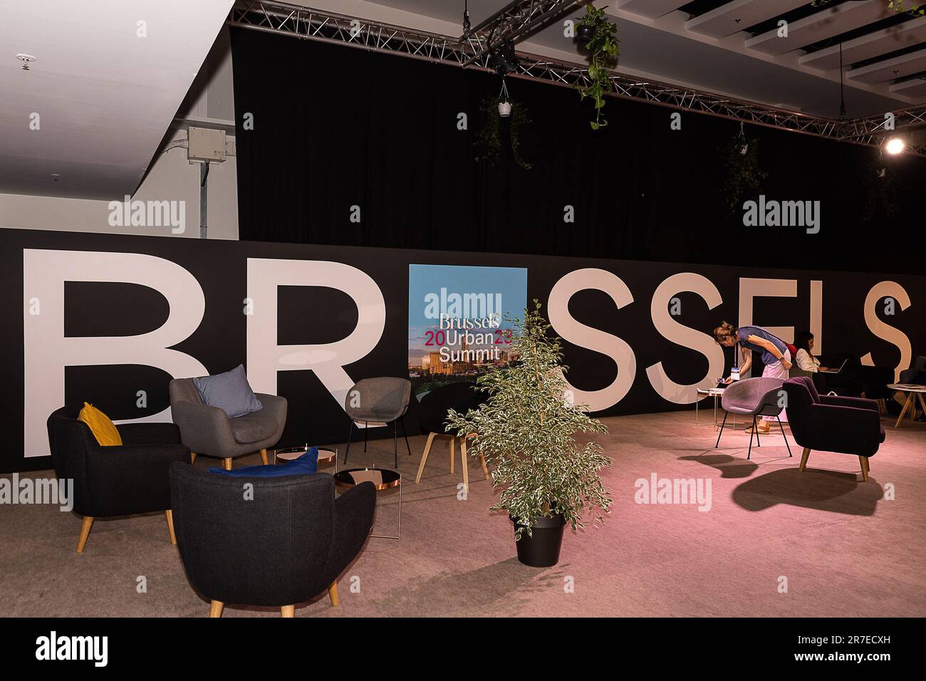 Brüssel, Belgien. 15. Juni 2023. Abbildung zeigt das neue Logo BRÜSSEL, das auf einer Presseveranstaltung zur Einführung der internationalen Marke BRÜSSEL auf dem Brüsseler Stadtgipfel am Donnerstag, den 15. Juni 2023, in Brüssel abgebildet wurde. BELGA FOTO JAMES ARTHUR GEKIERE Kredit: Belga News Agency/Alamy Live News Stockfoto