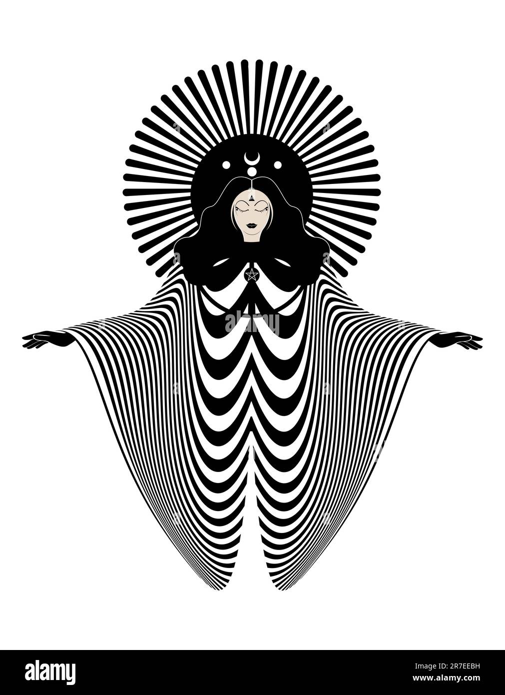 Magische Göttin, Priesterin. Schöne Fee mit langen Haaren. Gothic Witch Wiccan Weibchen heiliges Design. Vektorisolierter weißer Hintergrund Art Deco Stock Vektor