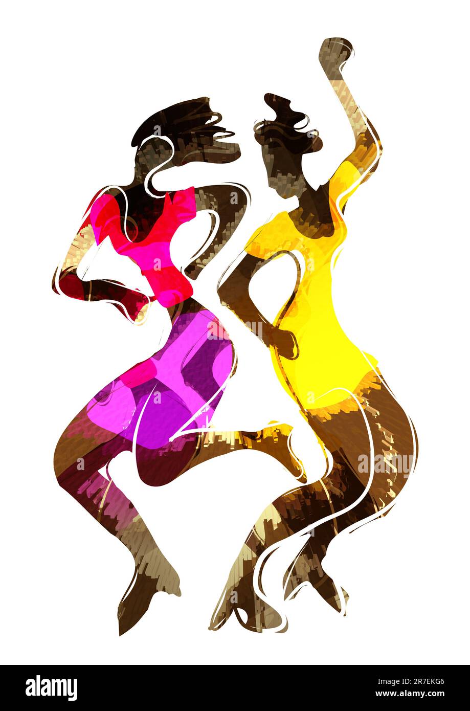 Disco-Tänzerin, attraktive schwarze Mädchen. Ausdrucksstarke, farbenfrohe Illustration von zwei tanzenden Frauen. Isoliert auf weißem Hintergrund. Stockfoto