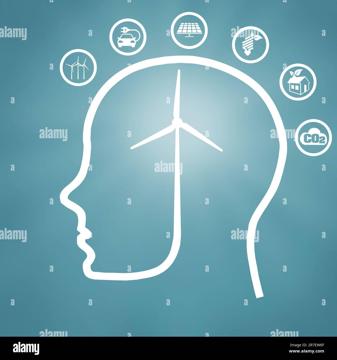 Darstellung eines menschlichen Kopfumrisses mit Windturbinen-Gehirn umgeben von Piktogrammen für nachhaltige Energie - Umweltbewusstsein-Konzept Stockfoto