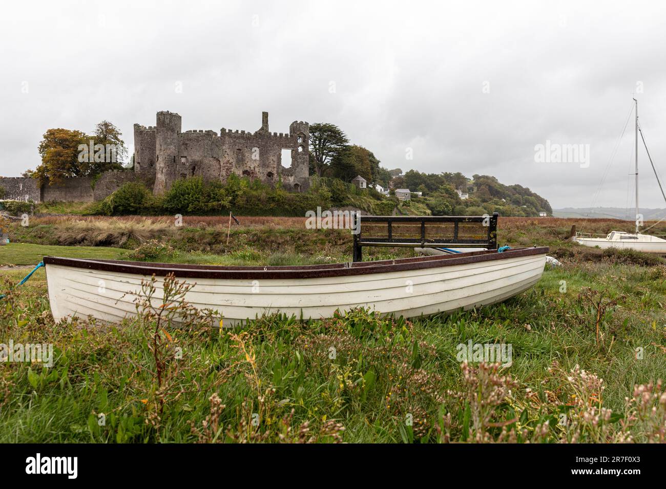 Laugharne Castle, Carmarthenshire, Wales, Vereinigtes Königreich, River TAF, Laugharne UK, Laugharne Wales, Castell, Castell Talacharn, Walisisch, Walisische Schlösser, Schlösser, Stockfoto