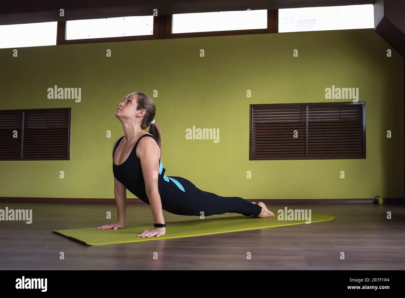 Frau führt einen gesunden Lebensstil und praktiziert Yoga, führt die Übung Urdhva Mukha Svanasana, nach oben schauende Hundehaltung, trainiert in Sportbekleidung in A Stockfoto