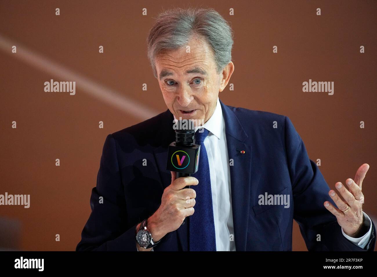 LVMH luxury group CEO Bernard Arnault speaks during an event at the Vivatech show in Paris, Thursday, June 15, 2023. (AP Photo/Michel Euler) Stockfoto
