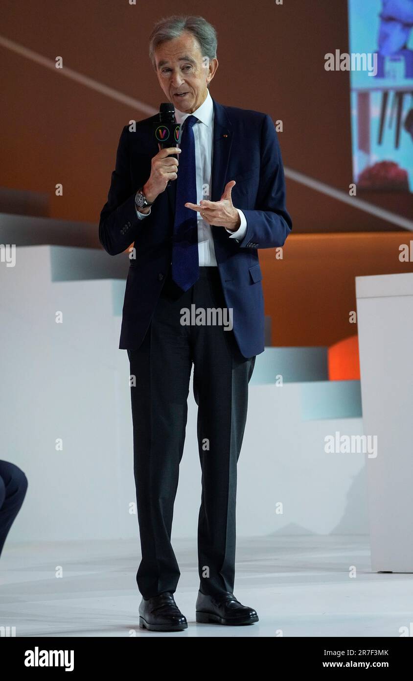 LVMH luxury group CEO Bernard Arnault speaks during an event at the Vivatech show in Paris, Thursday, June 15, 2023. (AP Photo/Michel Euler) Stockfoto