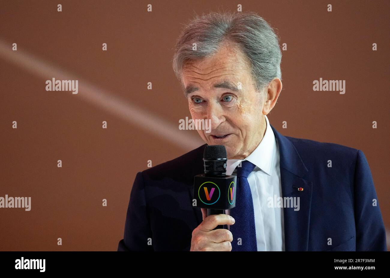 LVMH luxury group CEO Bernard Arnault speaks during an event at the Vivatech show in Paris, Thursday, June 15, 2023. (AP Photo/Michel Euler) Stockfoto