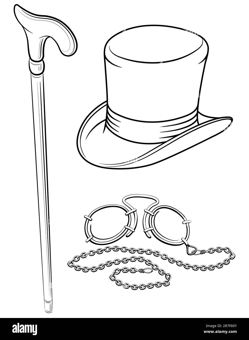 Zubehörsatz im Retro-Look mit Gehstock und Vektordarstellung mit Pince-nez-Punkt, isoliert auf weißem Hintergrund Stock Vektor