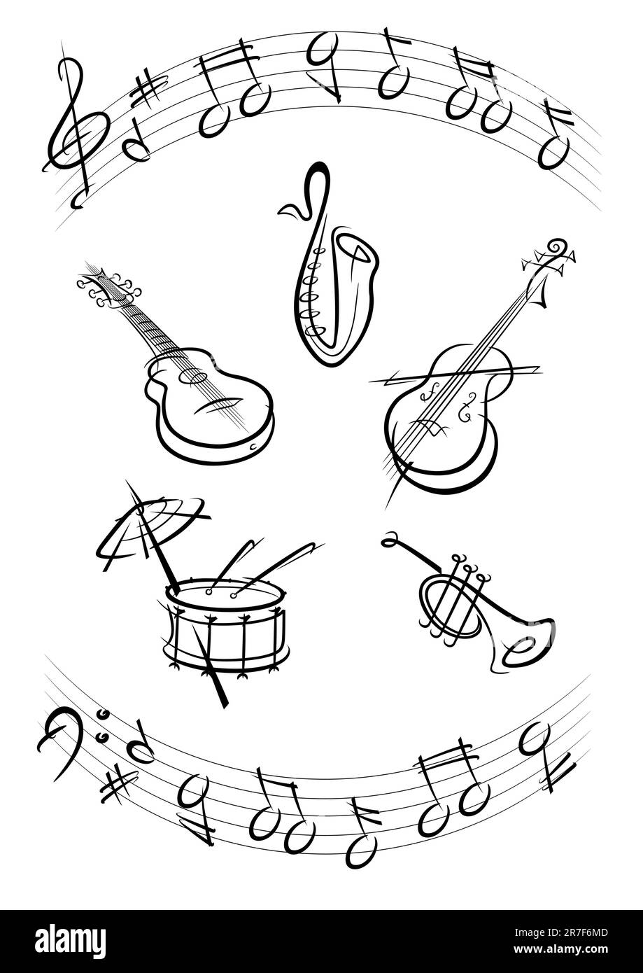 Trommel, Gitarre, Trompete, Saxophon, Kontrabas Musikinstrumente schwarz - Vektordarstellung Stock Vektor