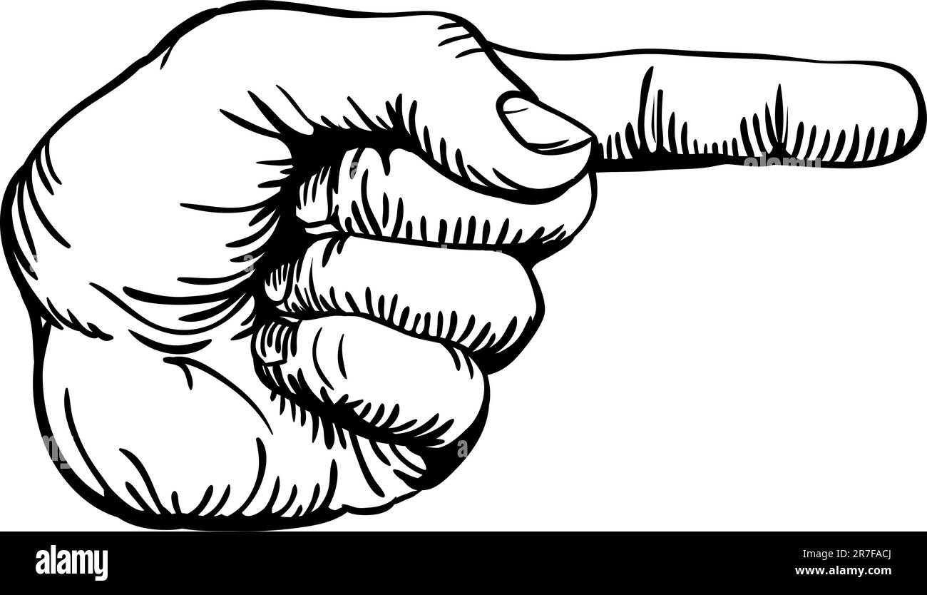 eine schwarz / weiß Darstellung von Menschenhand links mit dem Finger zeigen oder gestikulieren auf der rechten Seite des Bildes. Stock Vektor
