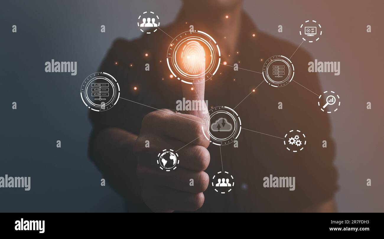 Fingerabdruck-Scanning von Geschäftsleuten und biometrische Authentifizierung, Verarbeitung biometrischer Daten für den Zugriff auf personenbezogene Daten. Überwachung und Sicherheitsscan von Stockfoto