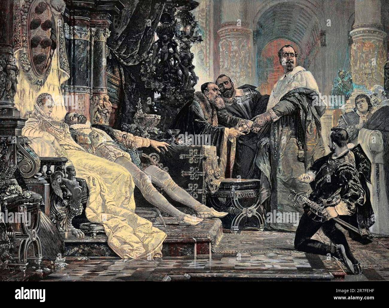 L'empoisonnement de Bianca Cappello et de Francois Ier de Médicis, d'apres la peinture d'Alois Hans Schram (1864-1919) - „(La mort de Bianca Cappello et de Francois de Médicis) Stockfoto