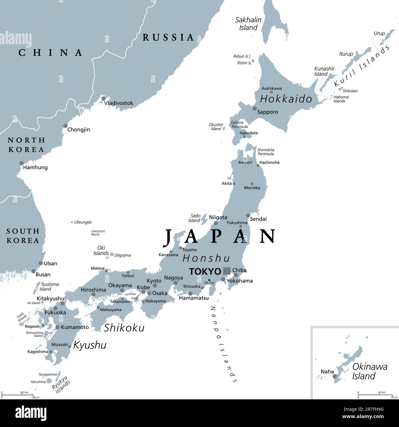 Japan, graue politische Karte. Die Hauptinseln Honshu, Hokkaido, Kyushu, Shikoku und Okinawa. Ostasiatisches Inselland im Nordpazifik. Stockfoto